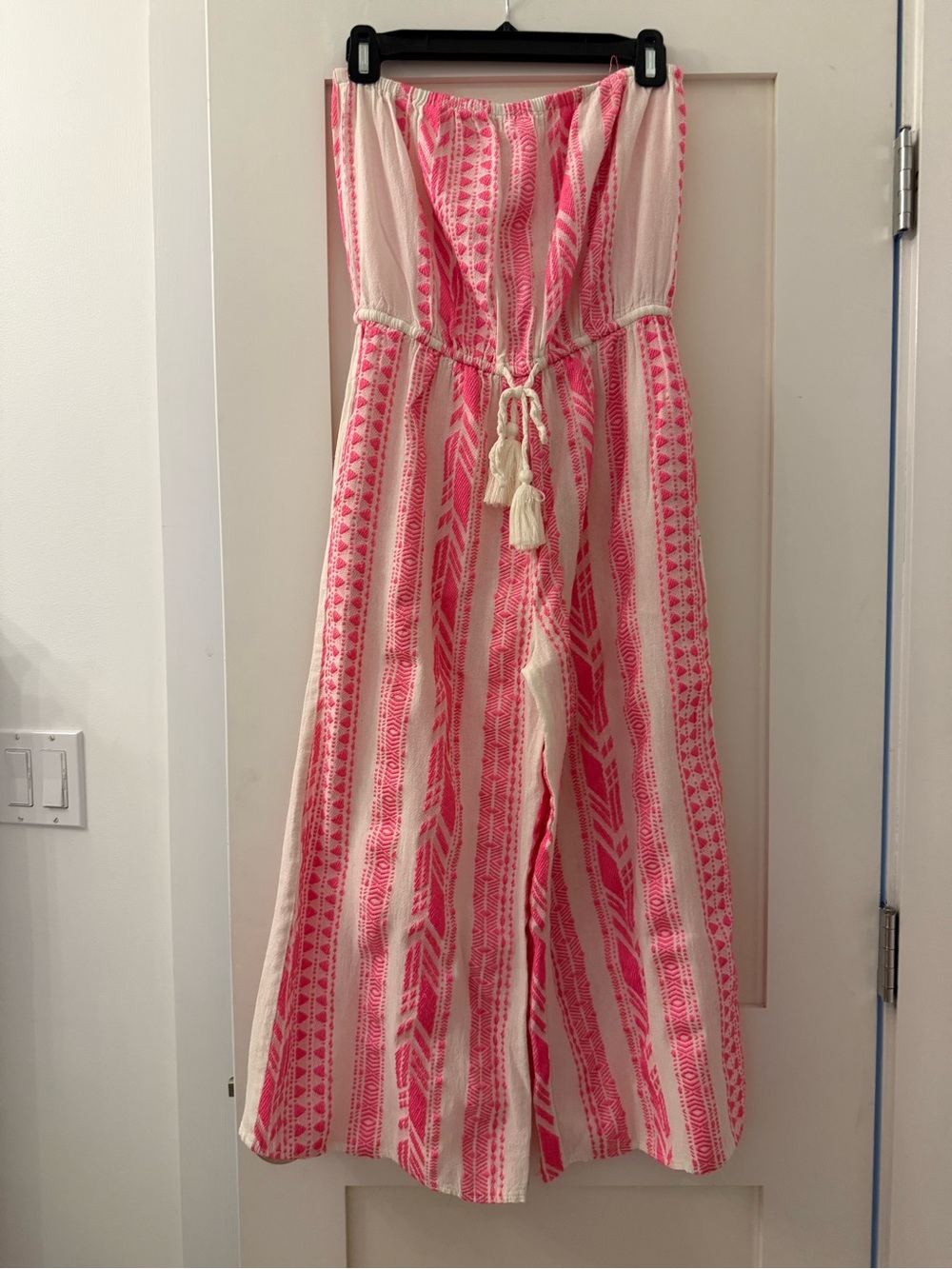 Elan Pink & White Strapless Printed Jumpsuit with Tassel Waist